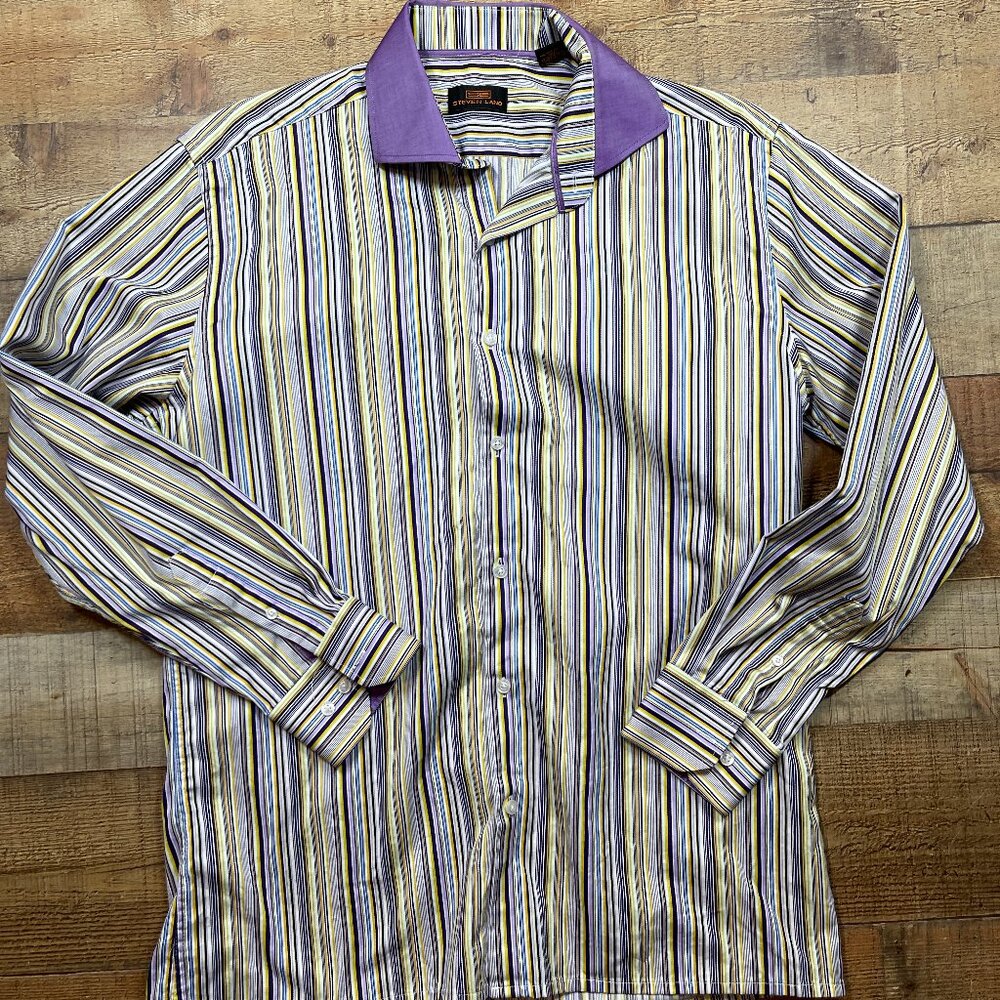 Steve Land Purple and White Striped Dress Shirt size 16.5, 34/35